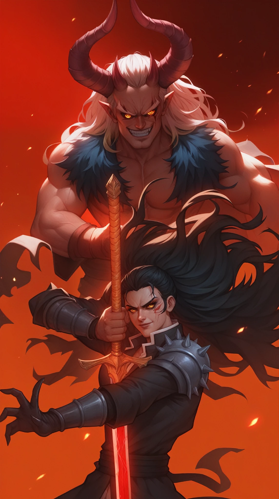 anime - style illustration of a demon with a sword and demon face, demon slayer artstyle, epic anime fantasy, by Yang J, krenz cushart and wenjun lin, demon slayer, anime fantasy illustration, badass anime 8 k, artgerm and atey ghailan, anime epic artwork, handsome guy in demon slayer art, wrath flame and ruin