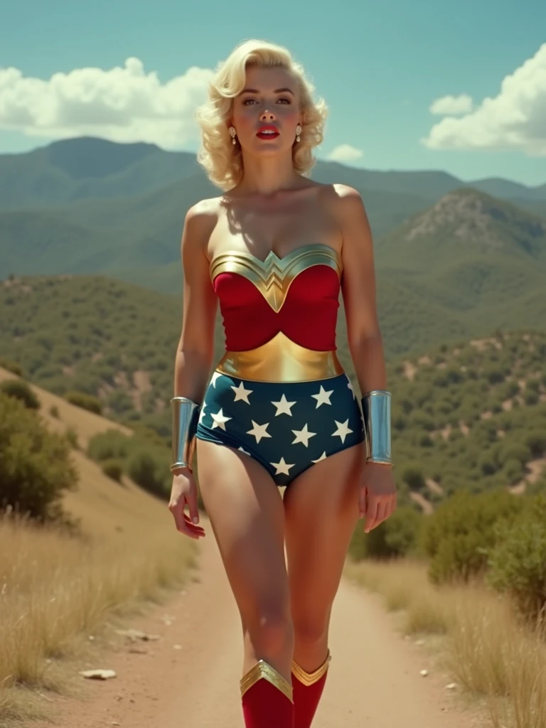 Screengrab of 1950's Super Panavision 70 movie. Ultra quality Retro in color, Marilyn Monroe in Wonder Woman Dress.