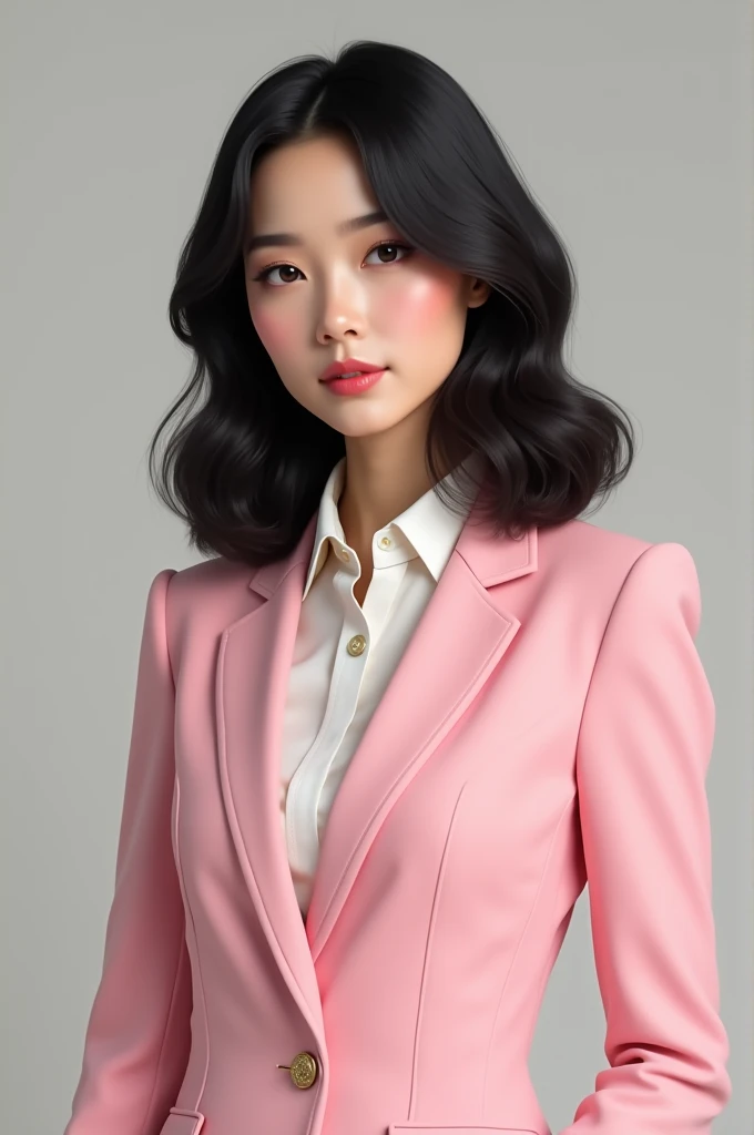 Generate a realistic brunette woman, with pink suit, white blouse, wavy black hair. It has to be real