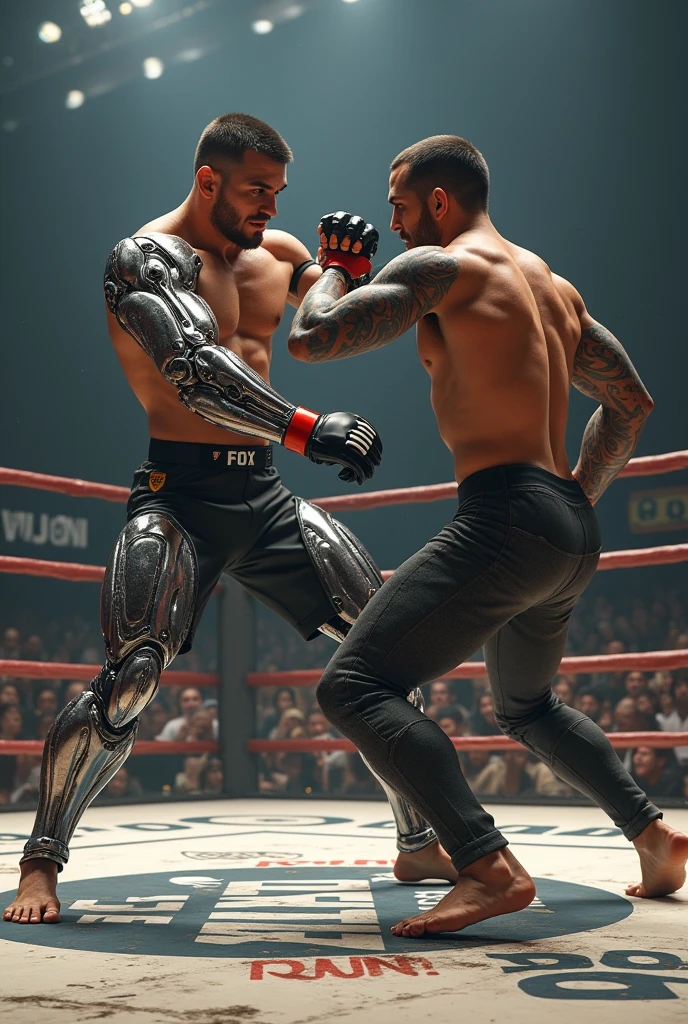 A mma fighter who have robotic arm fighting ring ,