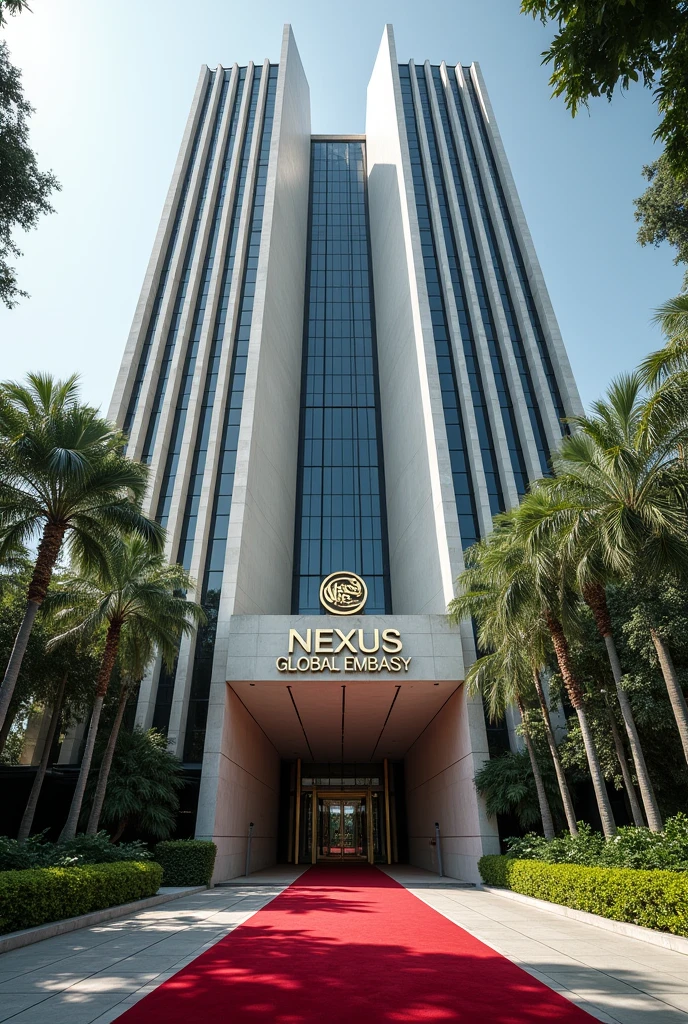 A wonderful and luxurious building, it's on it's own with large compound with trees and Grass with corporate Singaporean architecture and the words Nexus Global Embassy fully exposed on the building separate concrete with red carpet on the entrance with a good full view and angle .Expose the words Nexus Global Embassy on the concrete fully I can't see the words and the driveway the spelling is wrong work on spelling and clarity of words