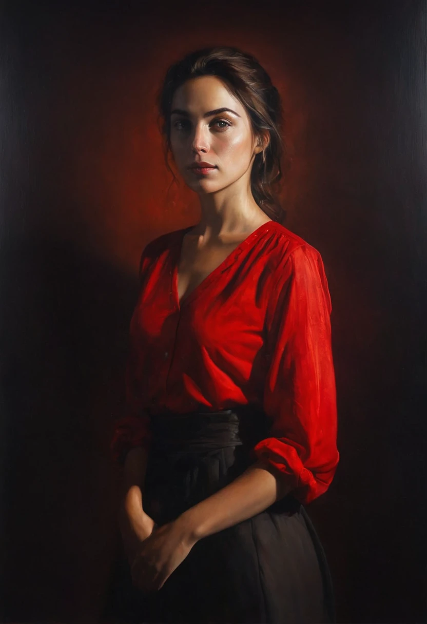 painting of a a waist-length portrait of a beautiful woman with light eyes, in a red shirt, 35 old, the play of light and deep shadow on her face, dark atmosphere, cinematic scene, volumetric lights, ultra realistic, in the style of nicola samori