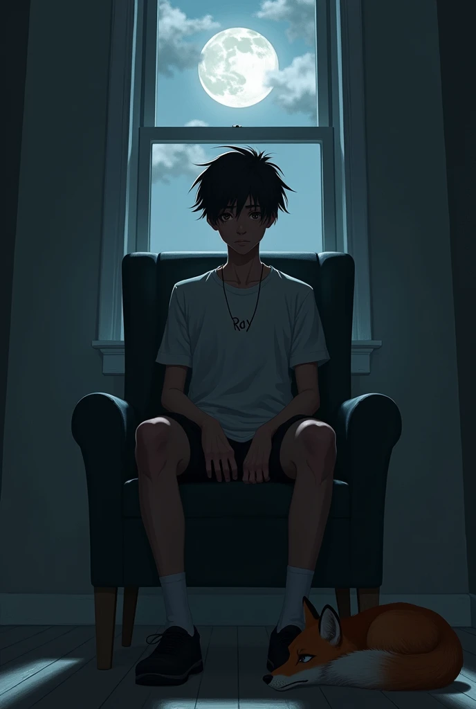 a calm mixed skin tired looking guy in his s with short black hair sitting in a black chair in the dark while one hand is holding a drinking glass with his legs crossed with shoes on with a necklace saying ray and a fox is sitting under his chair with the moon in the window in a few clouds covering it