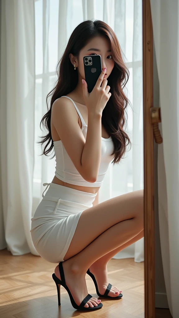 best quality，masterpiece，Ultra-high resolution（Practical），original photo，8k，Korean beauty，Holding a mobile phone，Shoot against the mirror，Cover your face，Delicate hands，Realistic skin texture，White skin，full-body shot，White tight skirt，Long Legs 1：4，High-heeled sandals，Wearing flesh-colored pantyhose