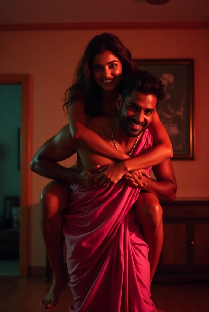 Beautiful and Slim sensual Indian woman in a dark pink silk saree lifting piggyback a large chubby man above her shoulders, man is sitting on woman's shoulders, in a red light room with high ceiling, natural smile, woman is looking into the camera , she is holding his hands, full body image 