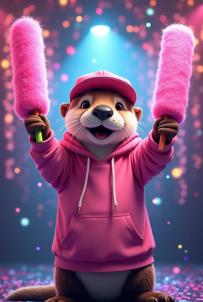 drawing of an otter, with pink cap, pink sweatshirt, with foam sticks in both hands, celebrating, with disco background