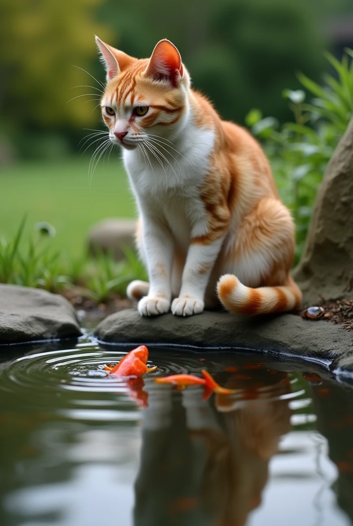 Super realistic, A cat's tail is in the water. The cat is sitting on the bank of a pond in the garden with own tail putting in the pond. The cat is staring at the own tail, You can see fish shadows in the pond. Is the cat trying to fish with its tail? (lol) bokeh effect, depth of field, hyper Realistic, Professional photography, Cinema Lighting