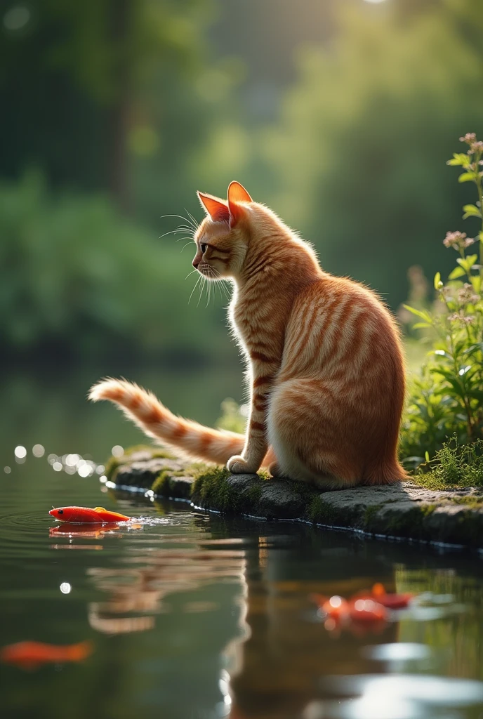 Super realistic, A cat's tail is in the water. The cat is sitting on the bank of a pond in the garden with own tail putting in the pond. The cat is staring at the own tail, You can see fish shadows in the pond. Is the cat trying to fish with its tail? (lol) bokeh effect, depth of field, hyper Realistic, Professional photography, Cinema Lighting