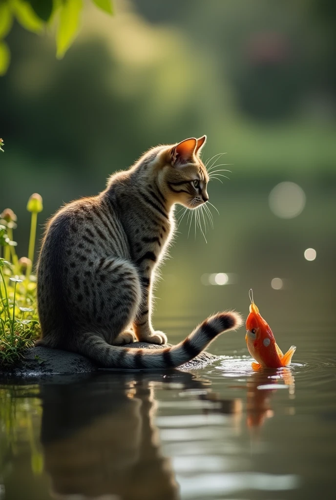 Super realistic, A cat's tail is in the water. The cat is sitting on the bank of a pond in the garden with own tail putting in the pond. The cat is staring at the own tail, You can see fish shadows in the pond. Is the cat trying to fish with its tail? (lol) bokeh effect, depth of field, hyper Realistic, Professional photography, Cinema Lighting