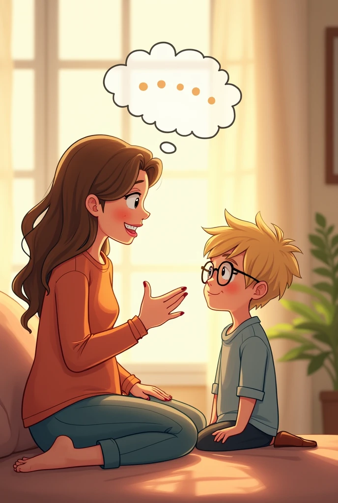 Make a mom with a bubble telling to his son, a blonde boy, using glasses, this boy is and looks super smart that “it’s time to go to the supper market”