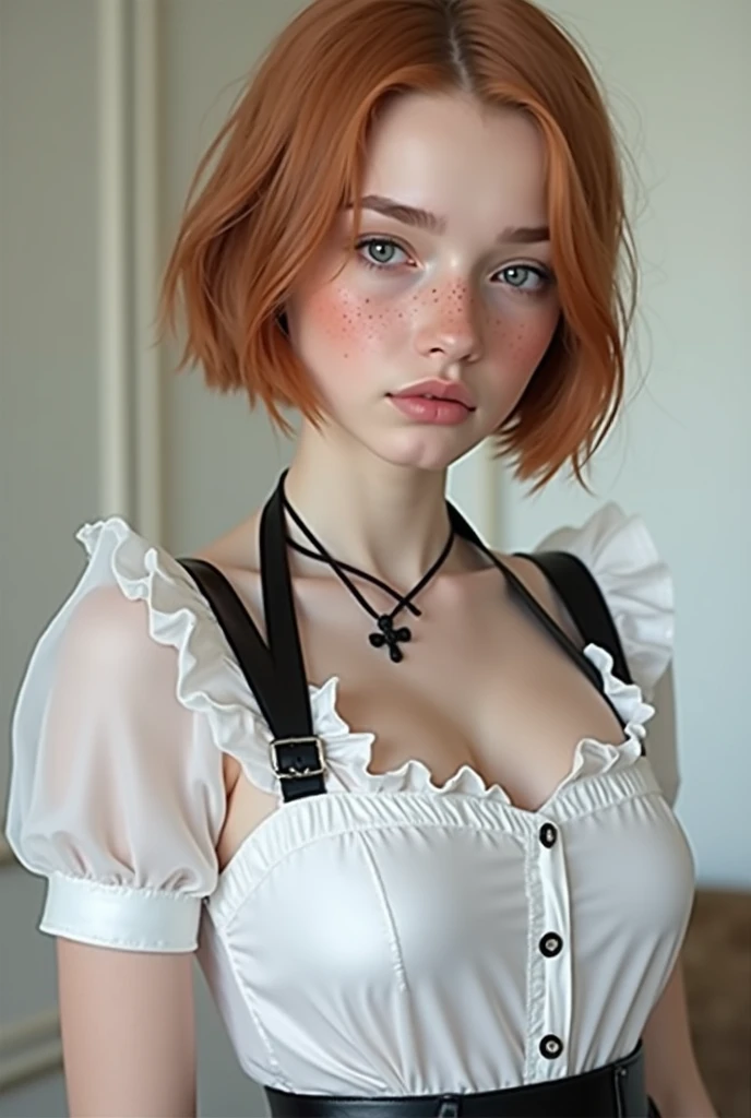 ultrarealistic high quality fullbody photo of a beautiful slim european girl with cute hyperdetailed shy face and natural redhead short messy bun and mischievous face, realistic round hazel eyes, red lips, dark eye makeup with eyeliner, wearing shiny red puffer jacket and faux leather leggins, hourglass body, outdoor shooting, (((no shirt))), visible cleavage, breasts, topless