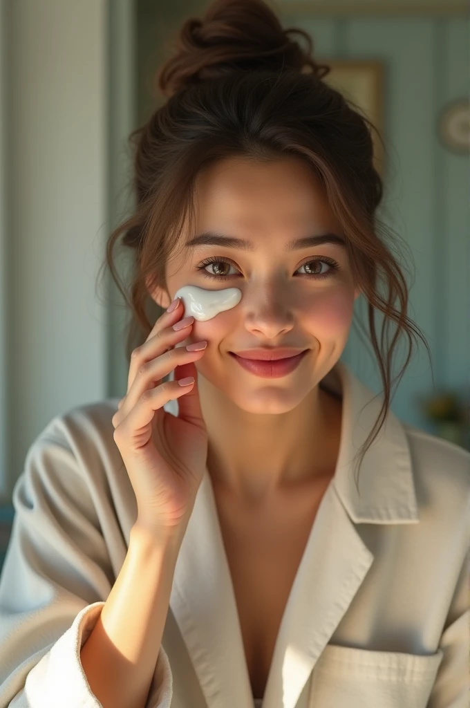 Une fille réaliste dans sa salle de bain applique une crème pour le visage, happy at first she is quickly disappointed by the smell and the sticky texture