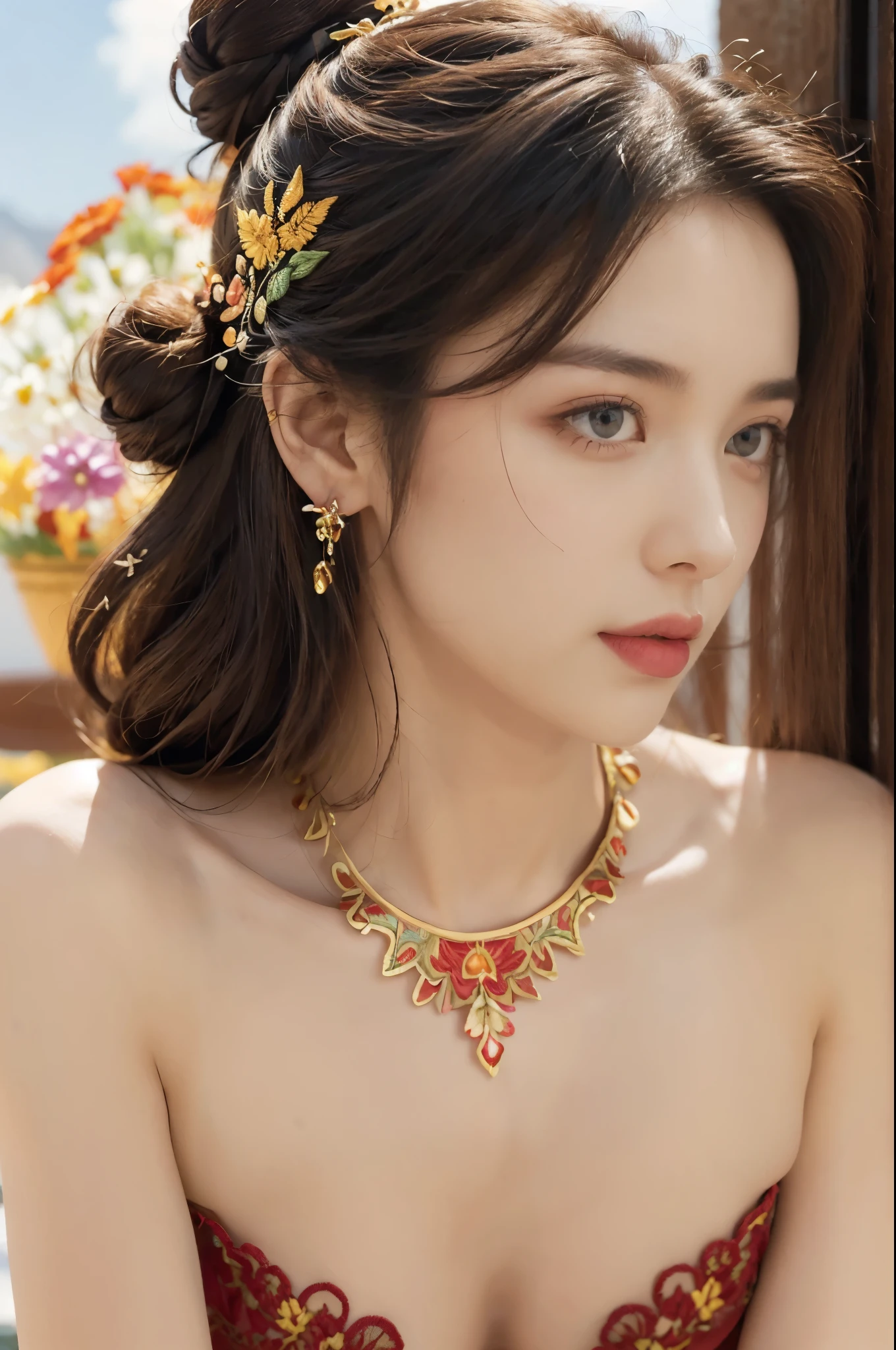 (((best quality))), (((ultra detailed))), (((masterpiece))), illustration,((1 beautiful girl,solo)),(on the Great Wall:1.3),(neat bun:1.2),((earrings,necklace)),((slim,thin)),((small breasts,flat chest)),((October, sunny, autumn,bright sunshine)), magnificent mountains,(strapless gorgeous Exquisite embroideried red bra:1.5),gracefully,(detailed bright eyes:1.3),(fair skin:1.3), radiant,sparkling, vibrant colors,(colorful flowers:1.3), elegance, strength, perseverance, majestic, awe-inspiring, fluffy white clouds,((from front,close-up of face))