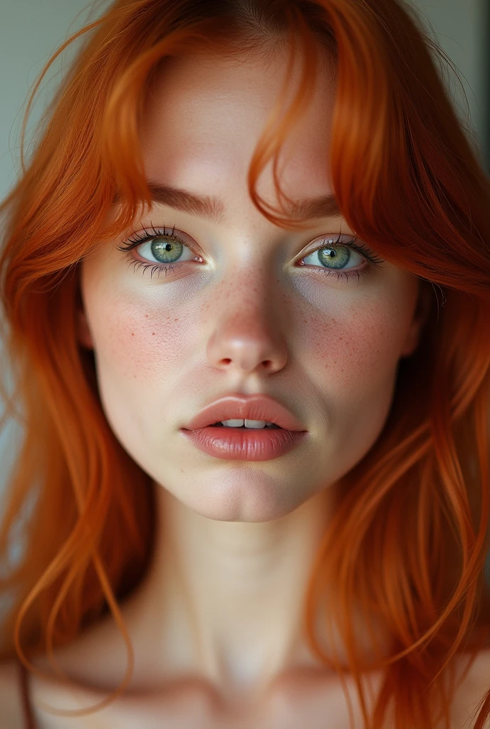 A red-haired female influencer with green eyes, an innocent look and full lips. freckles on her cheeks. No glasses. Sexy. attractive. Only her face in 8k. very detailed,