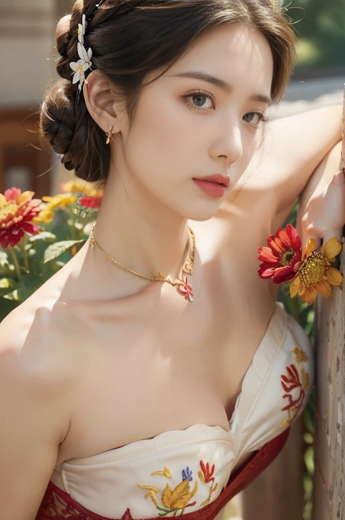 (((best quality))), (((ultra detailed))), (((masterpiece))), illustration,((1 beautiful girl,solo)),(on the Great Wall:1.3),(neat bun:1.2),((earrings,necklace)),((slim,thin)),((small breasts,flat chest)),((October, sunny, autumn,bright sunshine)), magnificent mountains,(strapless gorgeous Exquisite embroideried red bra:1.5),gracefully,(detailed bright eyes:1.3),(fair skin:1.3), radiant,sparkling, vibrant colors,(colorful flowers:1.3), elegance, strength, perseverance, majestic, awe-inspiring, fluffy white clouds,((from front,close-up of face))