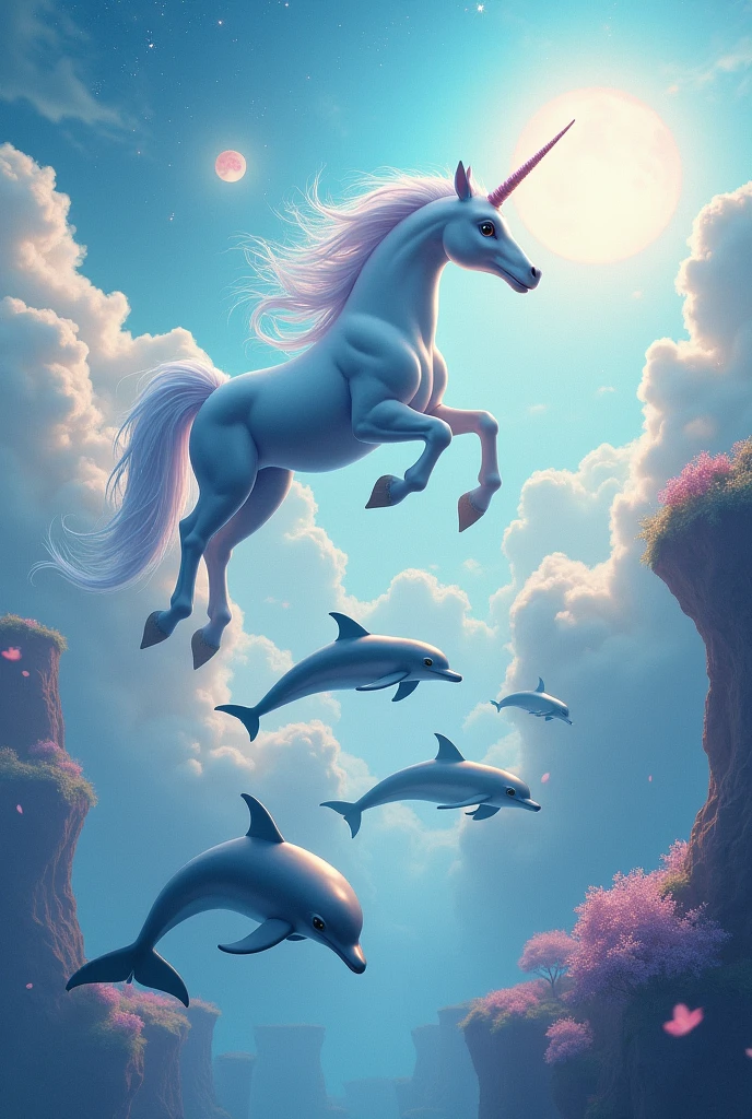 Dolphins with unicorn in a flying landscape