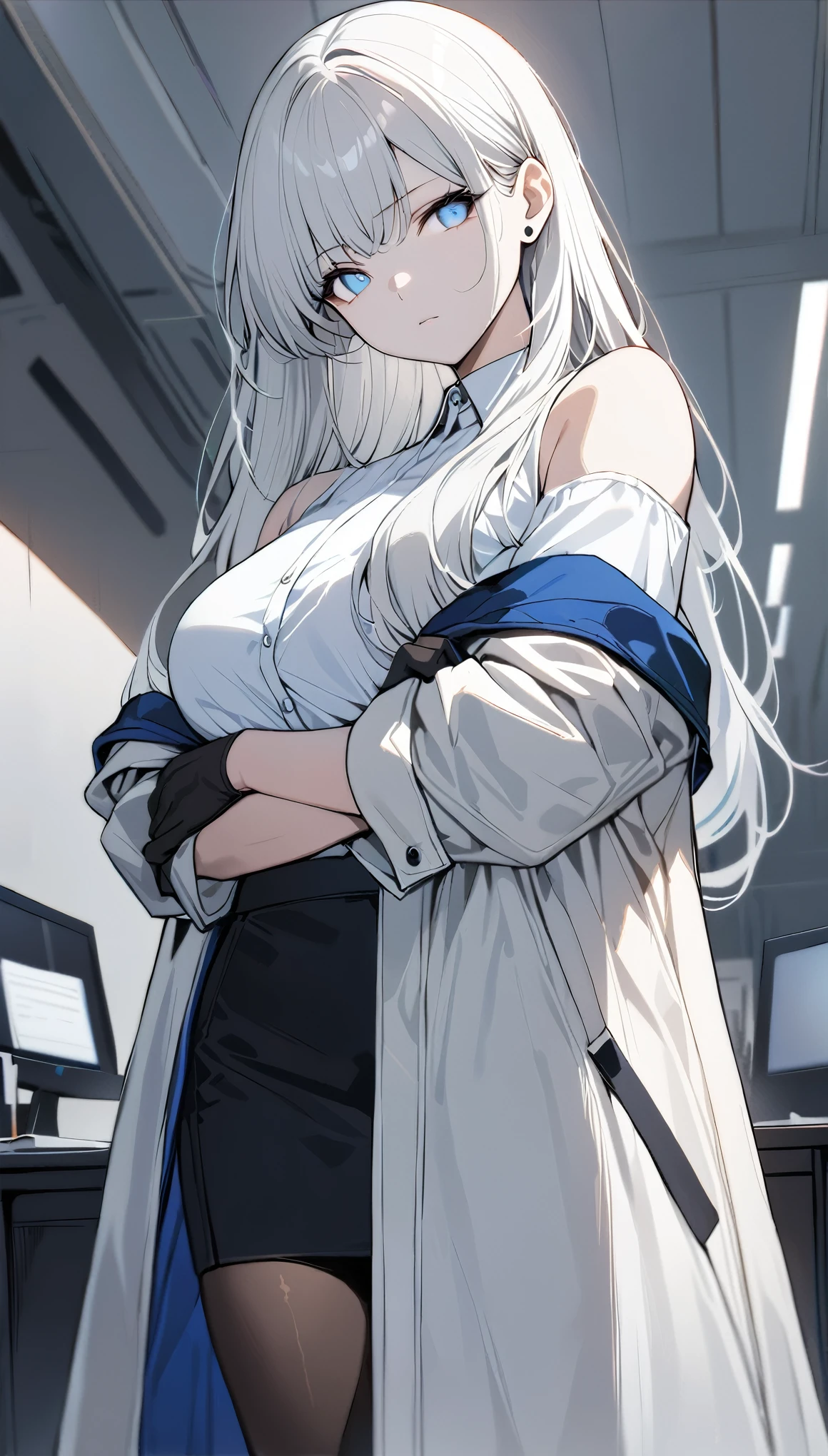 (best quality:1.3), (masterpiece:1.3), (illustration:1.3), (ultra-detailed:1.3), 1girl, solo, ((long hair, white hair, blue eyes)), (large breasts), standing, black skirt, white shirt, white coat, sleeveless, off-shoulder coat, tall, young, elegant, black gloves, arms crossed, looking at viewer, expressionless, stoic, tsurime, noadef, black pantyhose, indoors, office, office lady, earpiece,