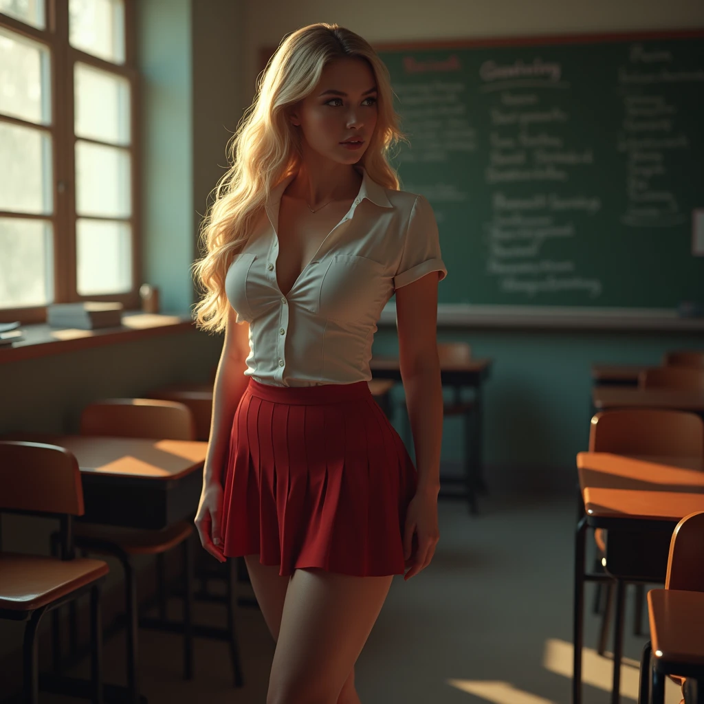A beautiful blonde girl in a sexy schoolgirl uniform, wearing a low-cut blouse with a mini skirt (large breasts 1.2), in a classroom setting, highly detailed, photorealistic, dramatic lighting, vibrant colors, 8k, cinematic composition