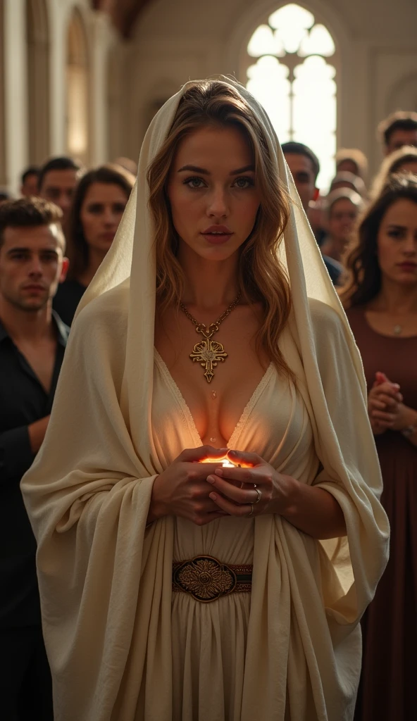 Beautiful priestess in shawl has holy water dripped on her cleavage, many spectators, church