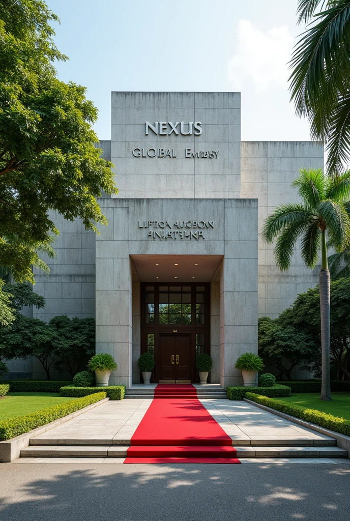 A wonderful and luxurious building, it's on it's own with large compound with trees and Grass with corporate Singaporean architecture and the words Nexus Global Embassy fully exposed on the building separate concrete with red carpet on the entrance with a good full view and angle .Expose the words Nexus Global Embassy on the concrete fully I can't see the words and the driveway the spelling is wrong work on spelling and clarity of words embassy has double ss