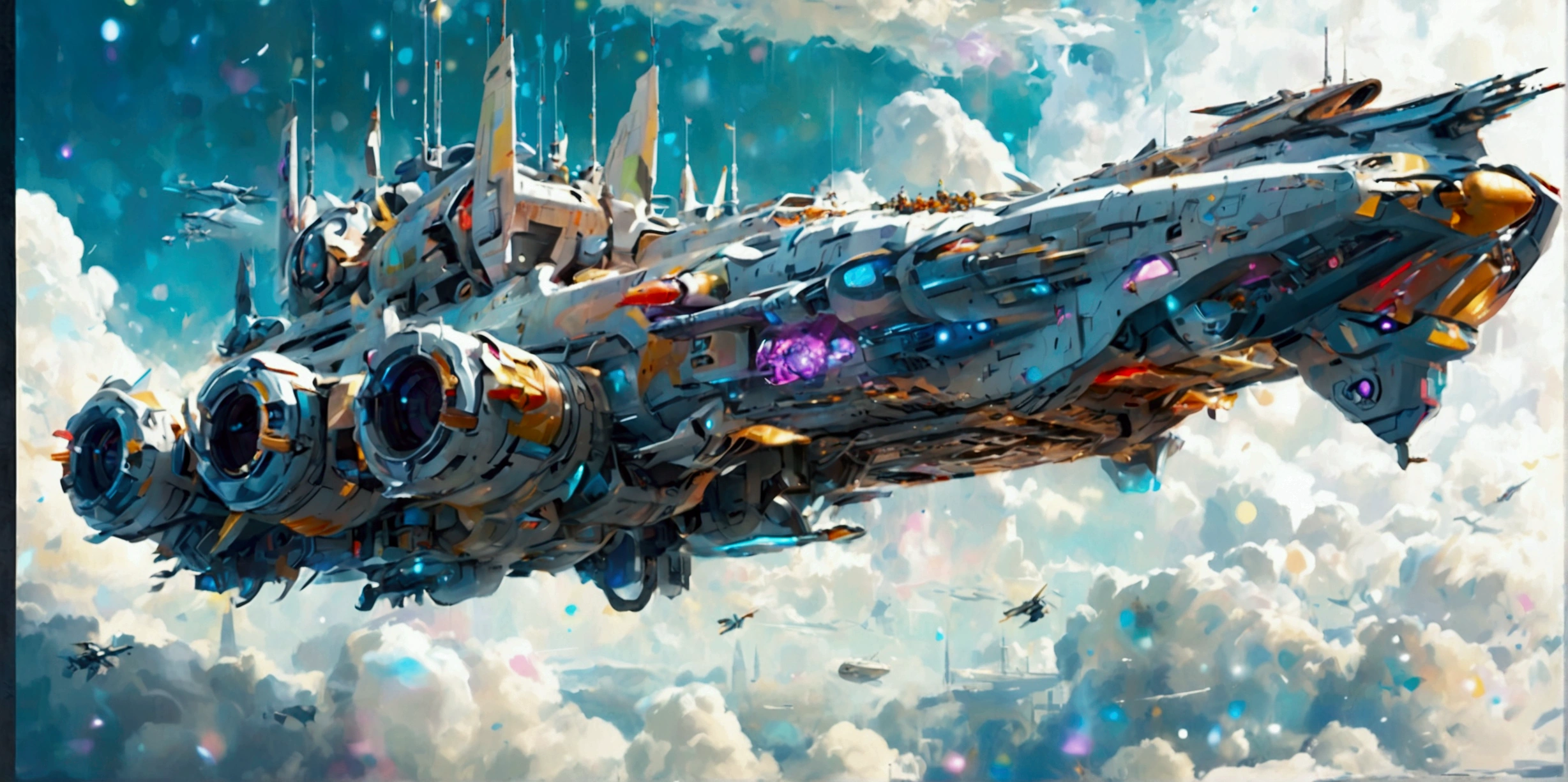 A long wide giant heavily armored divine futuristic flying all terrain biomechanical space battleship covered in rainbow batik pattern and glowing javanese runic symbols, (multiple retractable cybernetic spider legs with wheels on the tips), divine halo, flying hovercraft, flying submarine, flying aircraft carrier, flying hotel, flying resort, flying city, flying skyscraper, flying cruise ship, flying yacht, flying castle, flying military base, multiple thrusters, multiple helipad, multiple propeller, mobile headquarters, mobile command center, automatic turrets, missile banks, missile defense system, multi-port rear engine arrays, large pivoted missile pods, anti-air batteries, reactive armour over vital spaces, VTOL thrusters, ventral ground-facing VTOL thruster bays, retractable center cannon, super carrier, sky carrier, space station, floating city, floating castle, white background