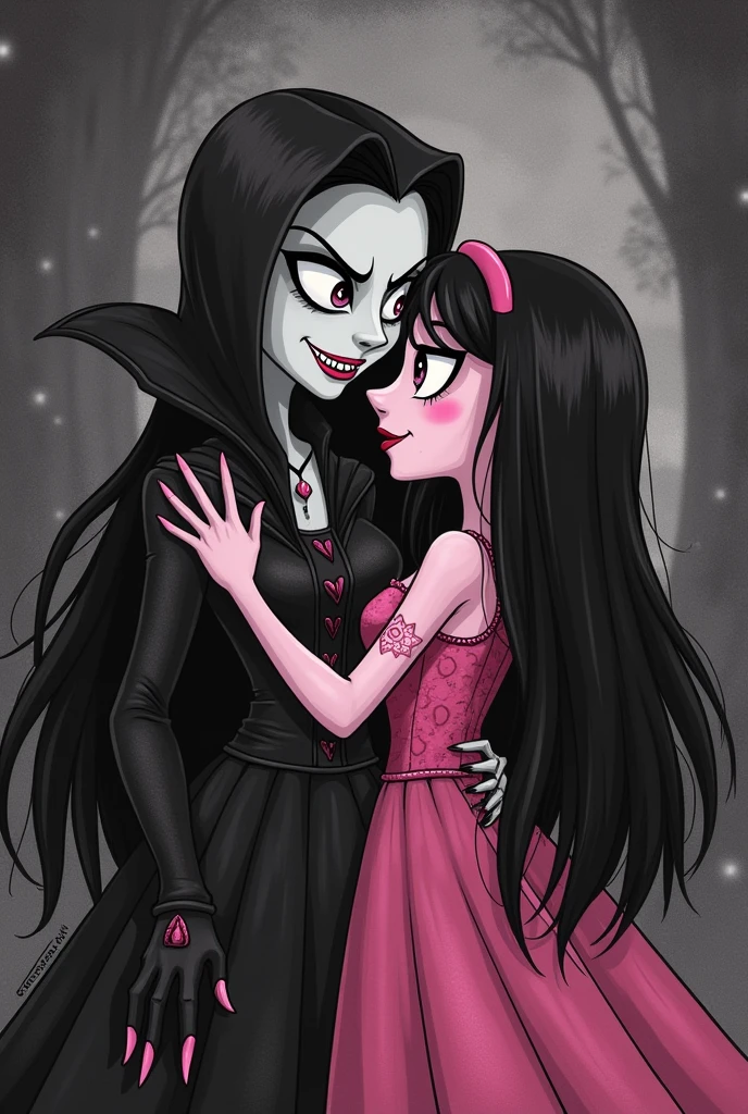 create a cartoon art portrait charcoal drawing of Marceline the vampire queen and princess bubblegum