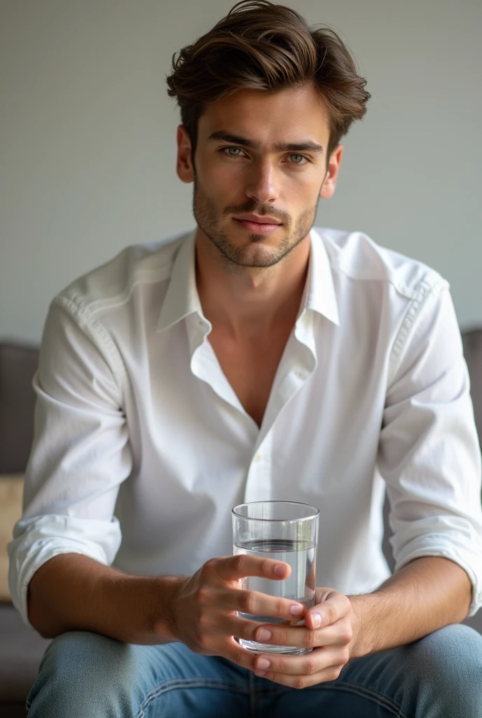 man in 20's holding a glass of water
