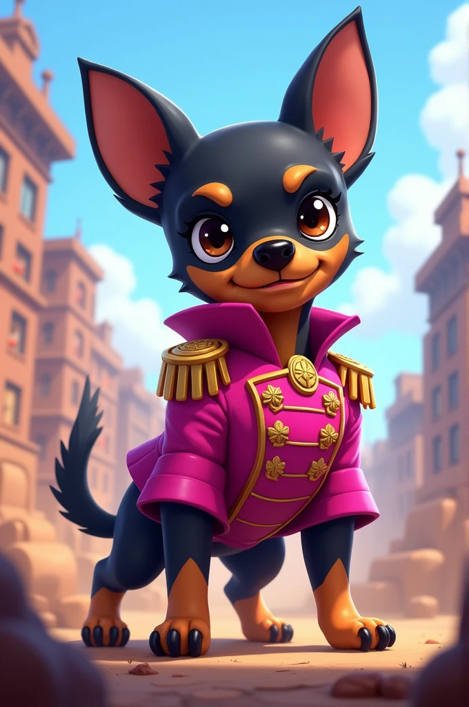 Black Chihuahua in a pink soldier suit in Brawl Stars style