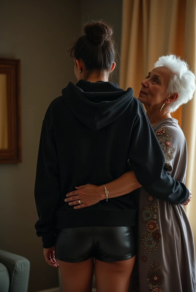 black woman hair in a bun black hoodie black leather short shorts being fucked in the ass by a old grandma in a dress