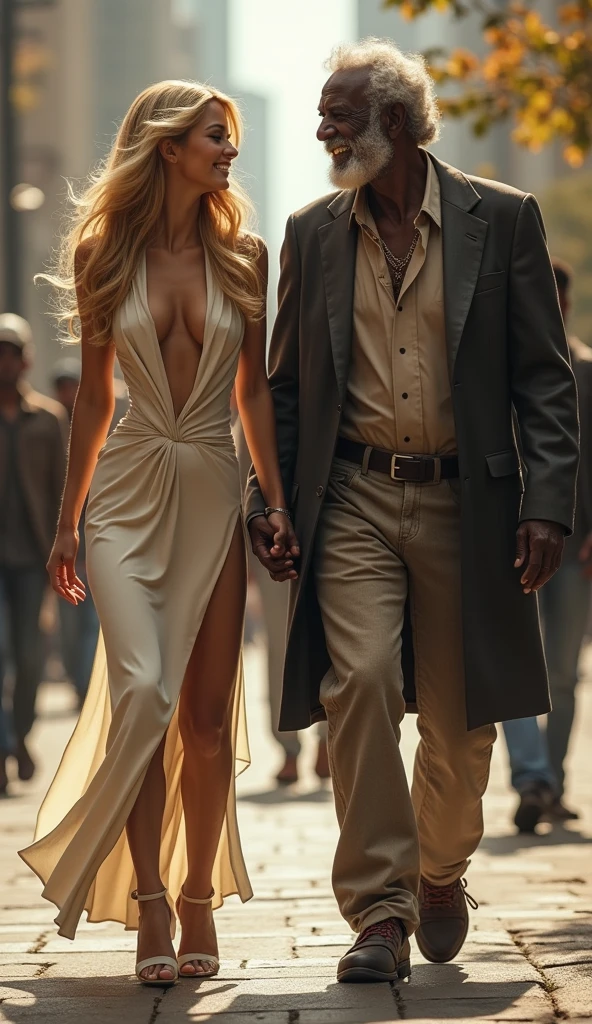 a rich beautiful blonde woman, wearing sexy clothes and high-heeled sandals, standing full-length, old homeless black man, wearing dirty clothes, holding hands, smiling, intense emotion, fall in love, walking together in a public space
