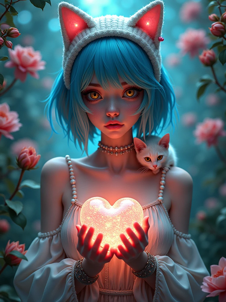 a woman with blue hair and a cat hat holding a heart in her hands with flowers around her and a cat on her chest, Android Jones, fantasy art, trending on art station, cyberpunk art