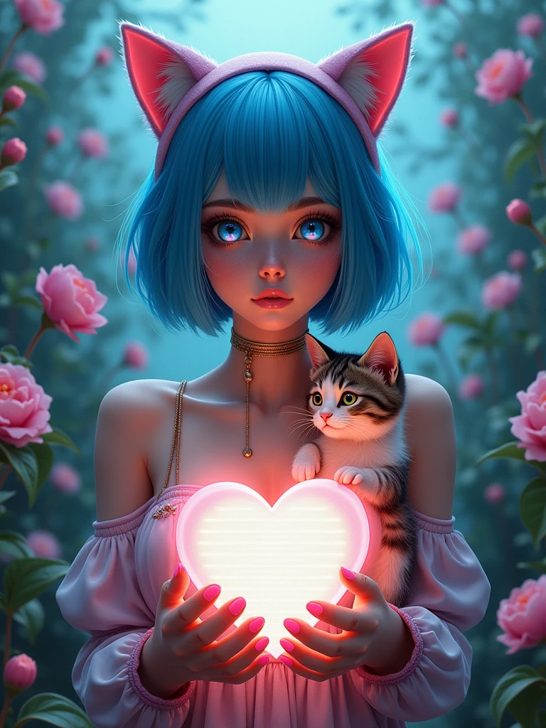 a woman with blue hair and a cat hat holding a heart in her hands with flowers around her and a cat on her chest, Android Jones, fantasy art, trending on art station, cyberpunk art