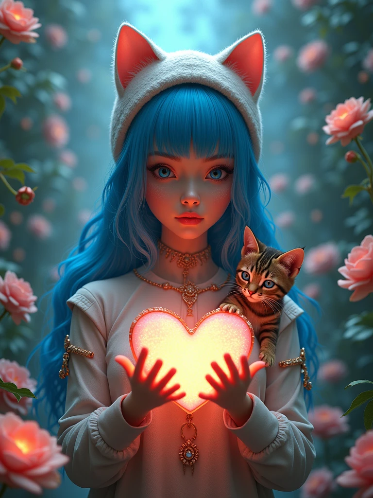 a woman with blue hair and a cat hat holding a heart in her hands with flowers around her and a cat on her chest, Android Jones, fantasy art, trending on art station, cyberpunk art
