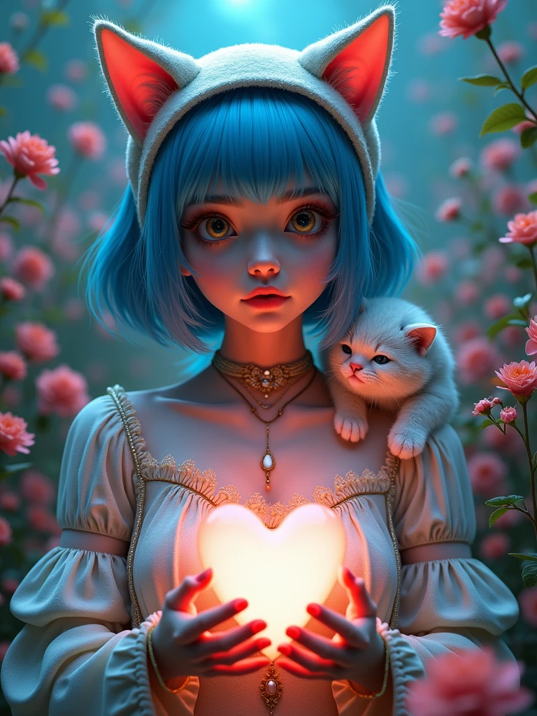 a woman with blue hair and a cat hat holding a heart in her hands with flowers around her and a cat on her chest, Android Jones, fantasy art, trending on art station, cyberpunk art