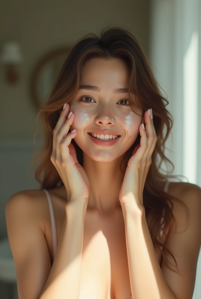 Une fille réaliste dans sa salle de bain applique une crème pour le visage, happy at first she is quickly disappointed by the smell and the sticky texture