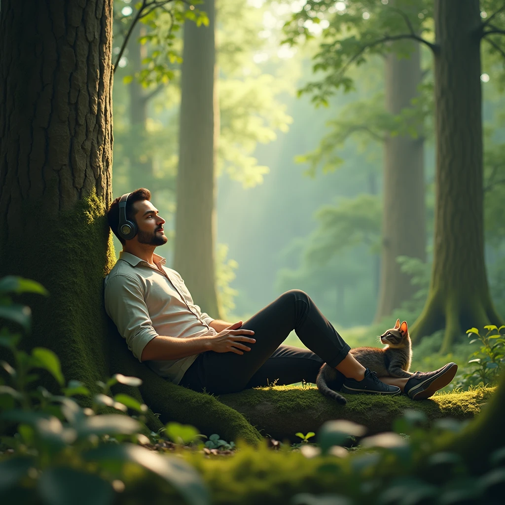 a man, using the airport, is sitting relaxed in the forest with his cat, listening to relaxing music