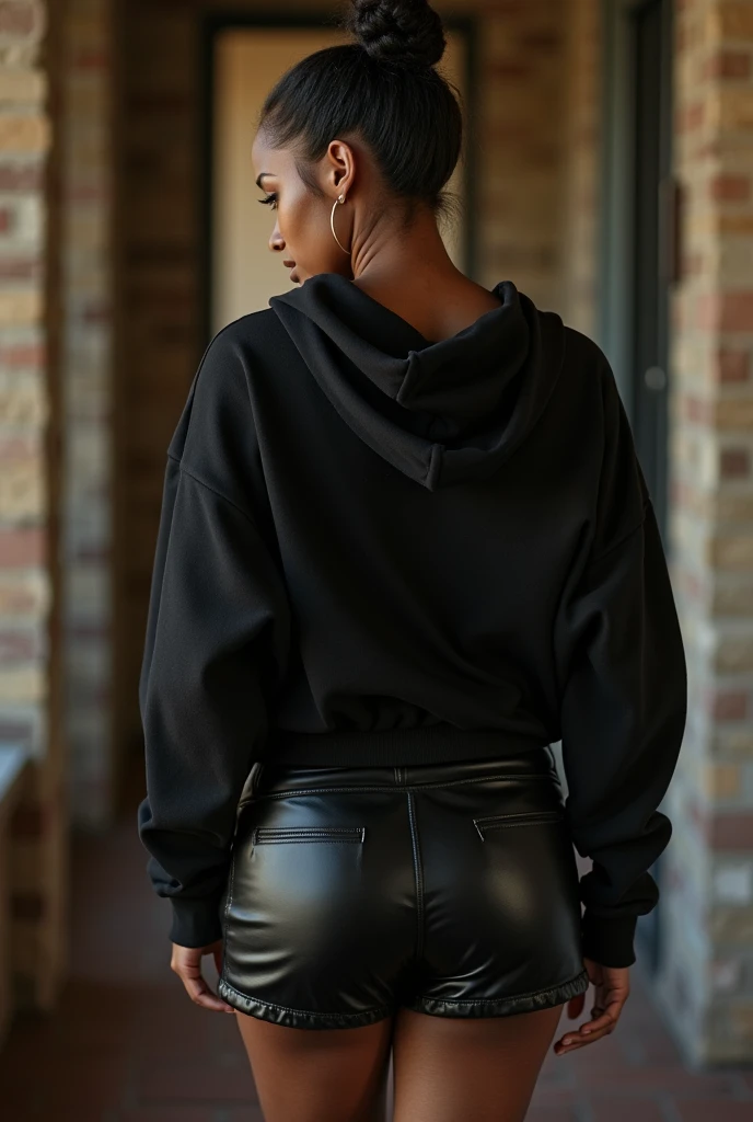 black woman hair in a bun black hoodie black leather short shorts being fucked in the ass by a old grandma in a dress