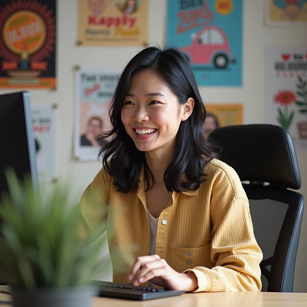 A scene of an Asian woman happily doing web design。I'm using a computer。In the background there is a wall with inspirational posters。The overall vibe should be creative and fun.。