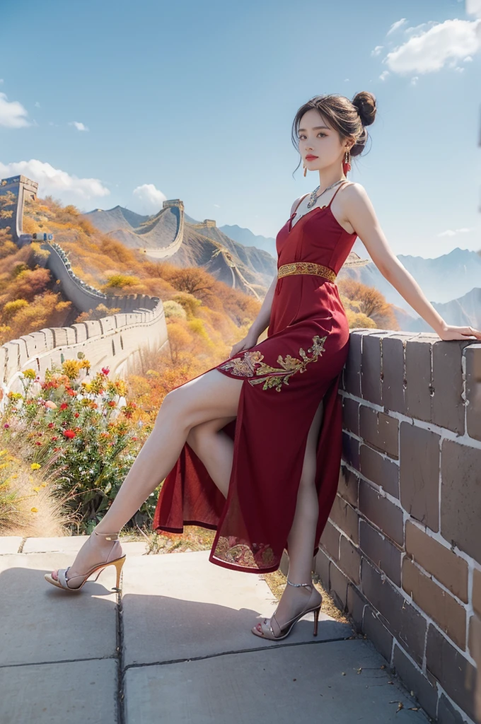 (((best quality))), (((ultra detailed))), (((masterpiece))), illustration,((1 beautiful girl,solo)),(on the Great Wall:1.3),(neat bun:1.2),((earrings,necklace)),((slim,thin)),((small breasts,flat chest)),((October, sunny, autumn,bright sunshine)), magnificent mountains,(maxi gorgeous Exquisite embroideried red dress:1.3),(stockings:1.3),(slender legs:1.2),(high heels:1.2),(standing:1.3),(arms behind back:1.3),gracefully,(detailed bright eyes:1.3),(fair skin:1.3), radiant,sparkling, vibrant colors,(colorful flowers:1.3), elegance, strength, perseverance, majestic, awe-inspiring, fluffy white clouds,((from front,full body))