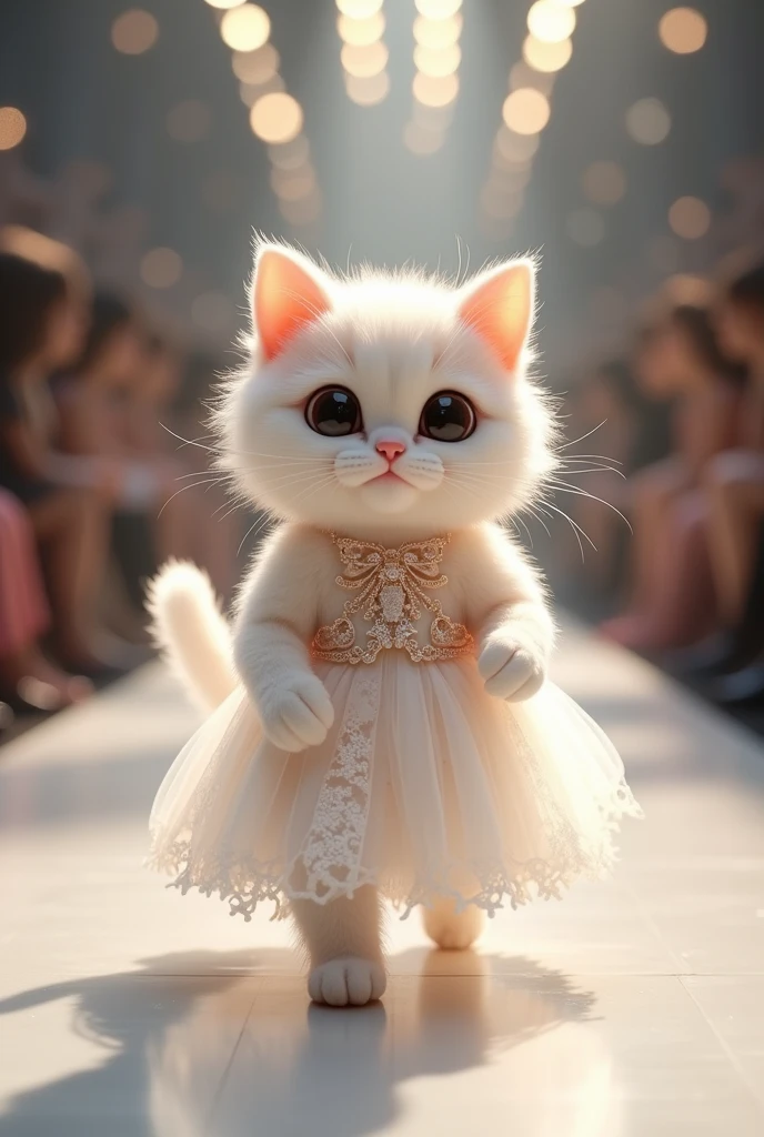 (photorealism:1.2), cute cat wearing white snowball dress walking on the runway 