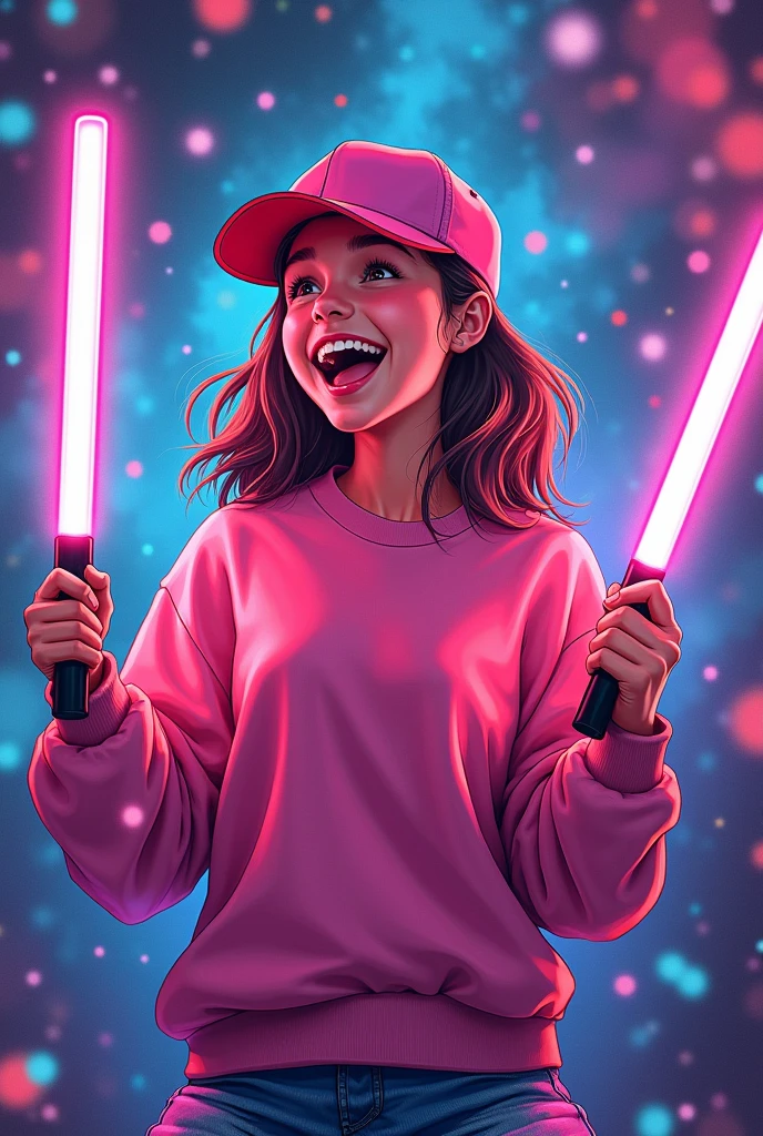 Drawing of a teenager, with pink cap, pink sweatshirt, with LED light sticks in both hands, celebrating, with a disco background