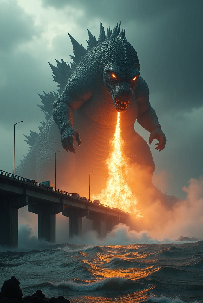 Godzilla attack the fire ball from mouth oresund bridge. Storm. Tornado