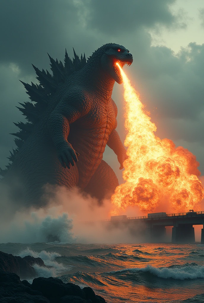 Godzilla attack the fire ball from mouth oresund bridge. Storm. Tornado