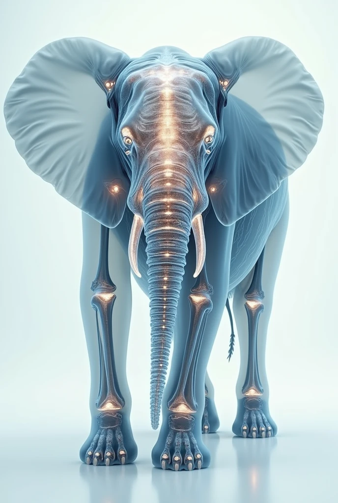 An X-ray style illustration of an elephant, focusing on its skeletal structure. The image should clearly display all four of the elephant's knees, with detailed and accurate anatomical representation. The bones and joints should be highlighted, with the rest of the elephant's body shown in a translucent style to emphasize the skeletal features. The background should be clean and minimalistic, allowing the X-ray illustration of the elephant's knees to stand out clearly.
