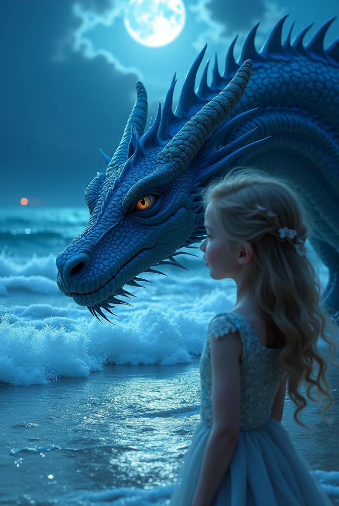 intricate blue dragon, underwater, girl standing on shore looking down at water, night, (best quality,4k,8k,highres,masterpiece:1.2),ultra-detailed,(realistic,photorealistic,photo-realistic:1.37),fantasy,cinematic lighting,dramatic lighting,vibrant colors,detailed waves,shimmering water,detailed dress,long flowing hair,beautiful detailed eyes,beautiful detailed lips,extremely detailed eyes and face,longeyelashes