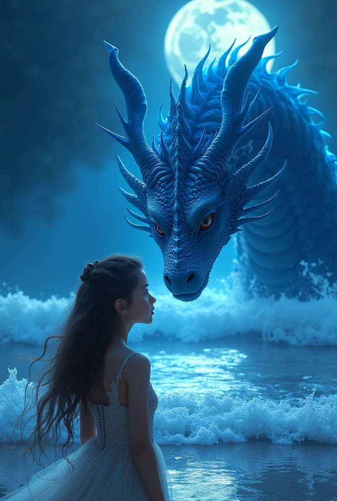 intricate blue dragon, underwater, girl standing on shore looking down at water, night, (best quality,4k,8k,highres,masterpiece:1.2),ultra-detailed,(realistic,photorealistic,photo-realistic:1.37),fantasy,cinematic lighting,dramatic lighting,vibrant colors,detailed waves,shimmering water,detailed dress,long flowing hair,beautiful detailed eyes,beautiful detailed lips,extremely detailed eyes and face,longeyelashes