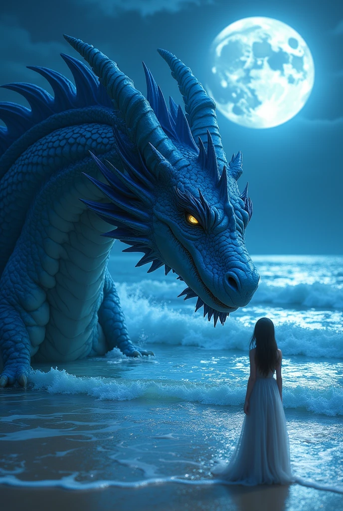 intricate blue dragon, underwater, girl standing on shore looking down at water, night, (best quality,4k,8k,highres,masterpiece:1.2),ultra-detailed,(realistic,photorealistic,photo-realistic:1.37),fantasy,cinematic lighting,dramatic lighting,vibrant colors,detailed waves,shimmering water,detailed dress,long flowing hair,beautiful detailed eyes,beautiful detailed lips,extremely detailed eyes and face,longeyelashes