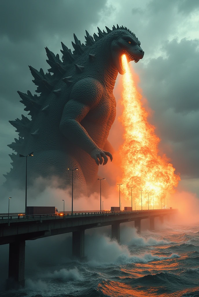 Godzilla attack the fire ball from mouth oresund bridge. Storm. Tornado
