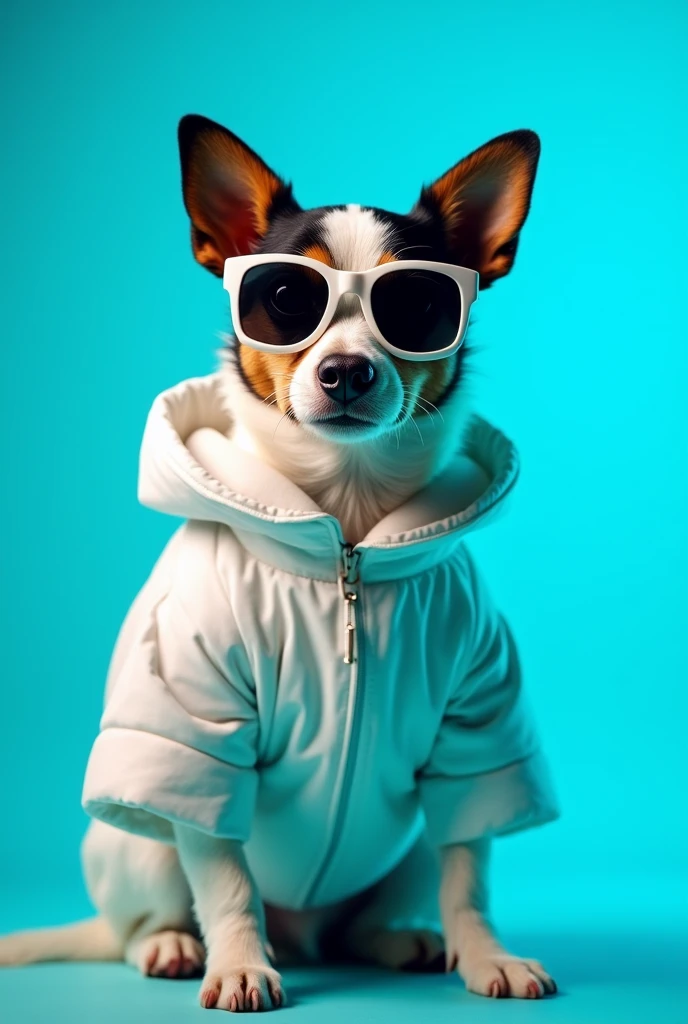 The best cell phone wallpaper, Award-Winning Wallpaper, portrait photography, In the front view is a portrait of a cute dog wearing mid-1960s space age fashion, Side view photo, Shot with Canon EOS R5, Set a strong contrast that accentuates the subject, Fluorescent blue tone, Wearing a very modern coat and sunglasses is a modern 1960s style, Clothes all in one color, beautiful background