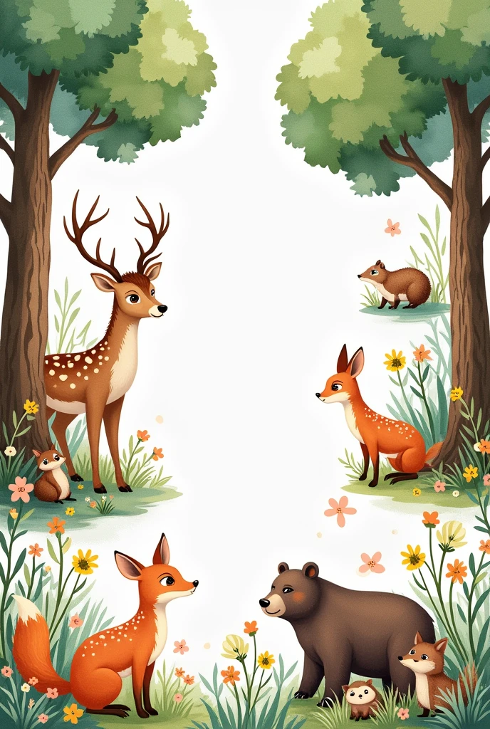 91cm repeated pattern, forest scene with tall trees, deer, and bears in the woods. Children's book illustration style of pastel watercolor drawings on a white background. A patchwork quilt design with various patterns and colors, including greenery, wildflowers, and woodland animals such as rabbits, foxes, squirrels, badgers, and hedgehogs. The tree trunks have thick bark with visible wood grain, and some leaves that are large for creating texture. It is a detailed, full-body portrait of each animal.